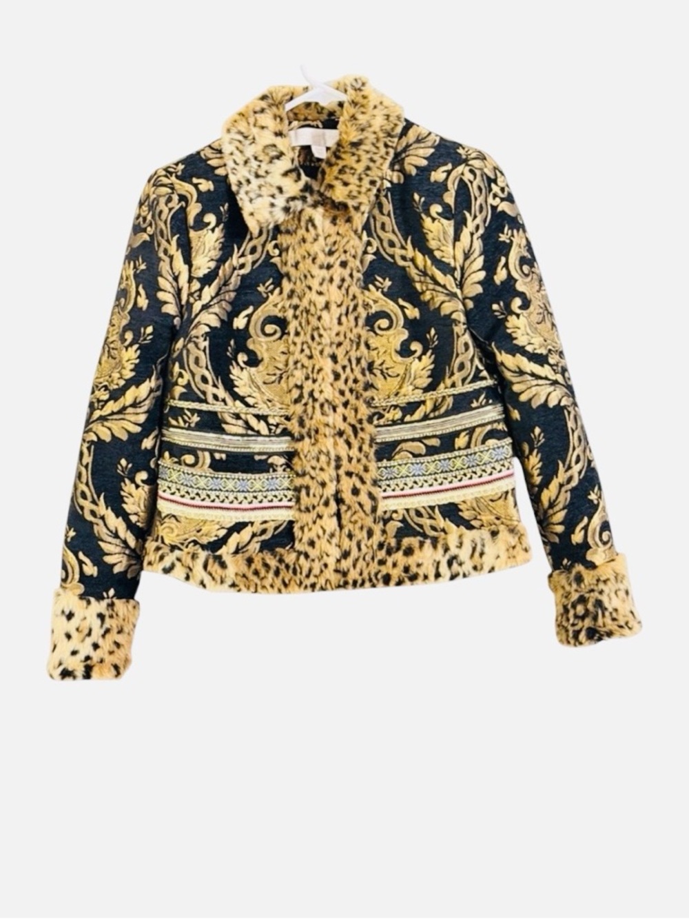 Boston Proper Baroque Tapestry Faux Fur Trim Leopard Black Gold Jacket Size 4